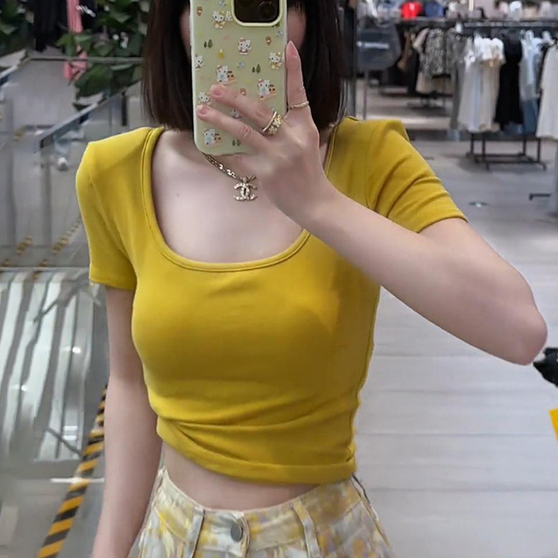 Square Collar Short-sleeved Women's T-shirt 2025 New Summer Inner Base Shirt Slimming Fashionable Fashion Dopamine Top Trendy
