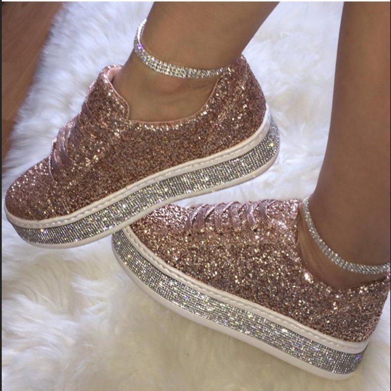 Cross-border Foreign Trade Large Size Single-layer Shoes Women's European and American Rhinestone Silver Lace-up Shoes Casual Flat Shoes for Women