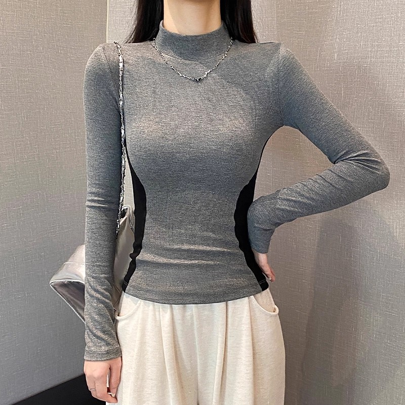 Half-High Collar, Regular Shoulder, Long-Sleeve T-Shirt for Women, Spring and Autumn Design, Slim Fit, Flattering Base Shirt, Inner Wear, Trendy Top T-Shirt