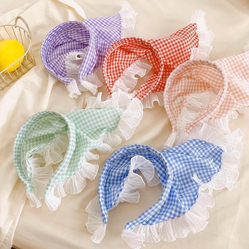 Red and Blue Plaid Turban Hair Hoop Lace Triangle Scarf Women's Baotou Pastoral Style Hair Belt High-end Seaside Photo Headband