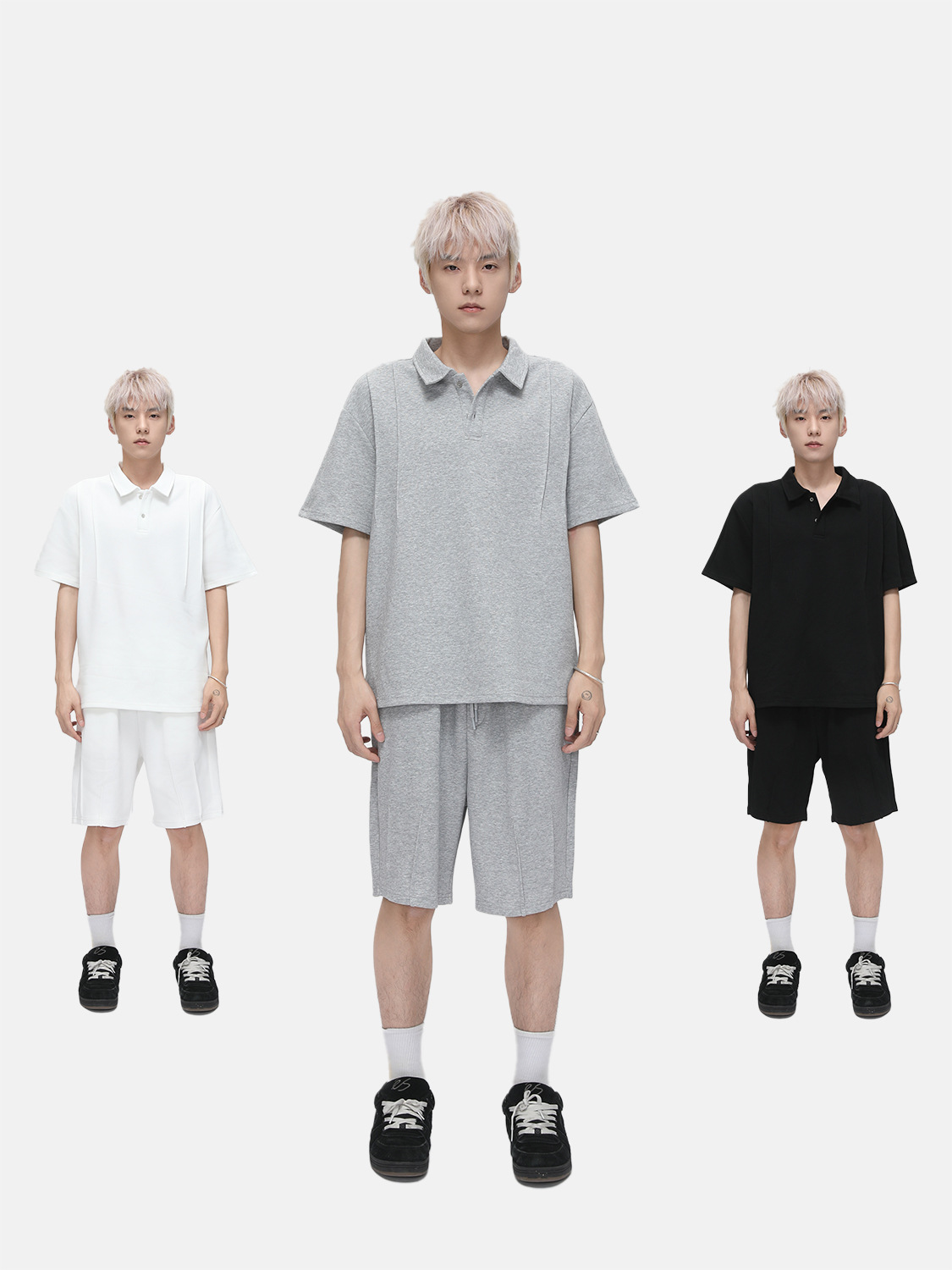 Mtlclothes Men's Clothing |   Solid Color Casual Sports Suit Men's Summer Polo Lapel T-Shirt Loose Shorts Trendy