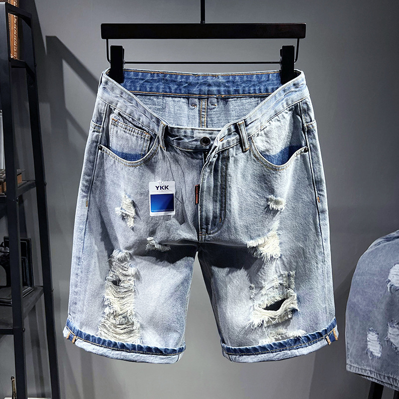 5501 | Large Size Men's Summer Ripped Denim Shorts Men's Loose Plus Large Fat Men's Cotton Five-point Pants