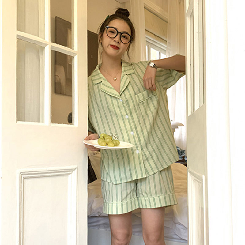 Striped Pajamas for Women Summer Pure Cotton Short-Sleeved Fashion Small Fresh Simple Casual Home Wear Women's Large Size Suit