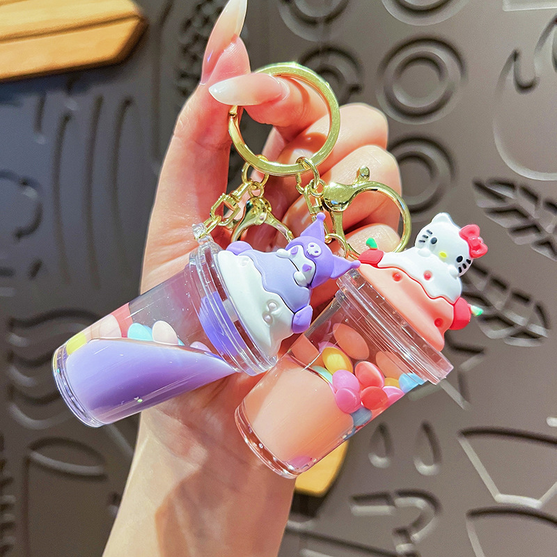 Creative Sanrio Bubble Tea Keychain Cute Cartoon Oil-Filled Liquid Sand Bottle Girl's Bag Pendant Gift
