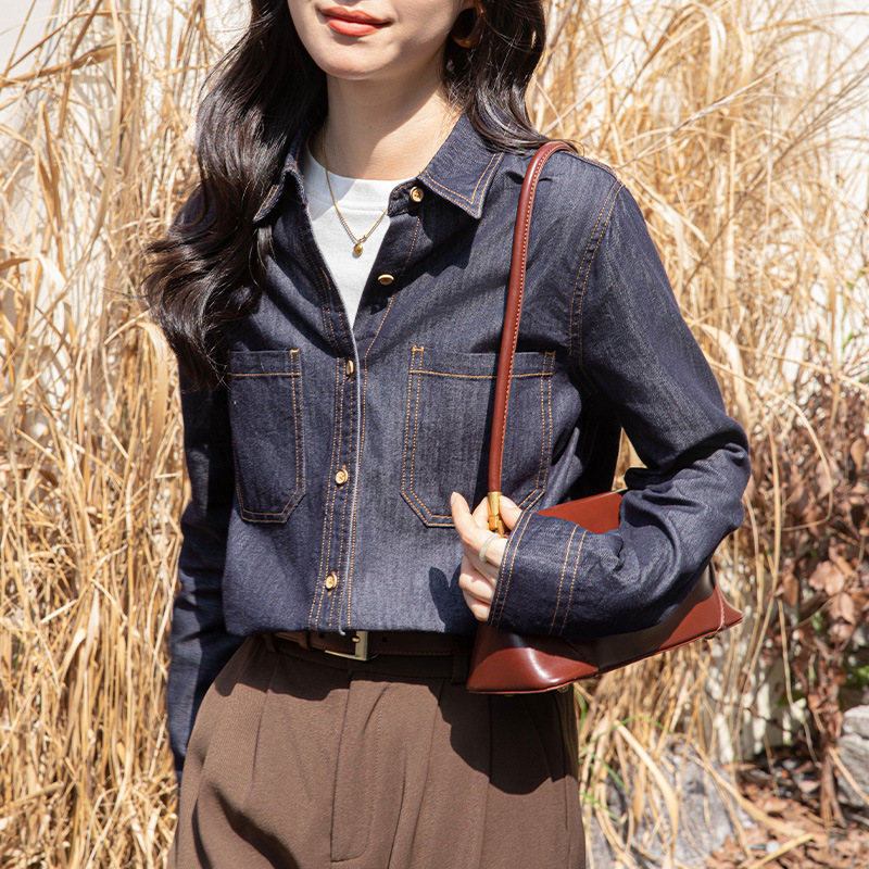 Blue Denim Shirt for Women, Spring and Autumn Design, Color-Blocking Layered Shirt, High-Quality Loose Casual Long-Sleeve Top, Trendy