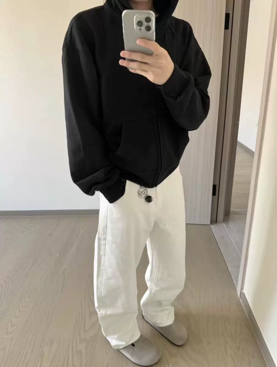 American-Style Cleanfit Drapey Washed White Straight-Leg Jeans for Men, Vintage Solid Color Loose Casual Floor-Length Pants