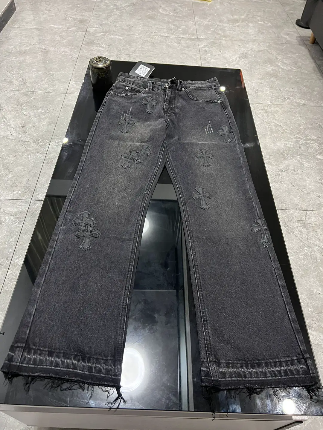 Chrome Heart Cross-Stitched Leather Jeans High Version High Street Fashion Straight Pants