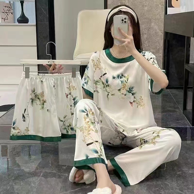 [New Three-Piece Set] Women's Summer Short-Sleeved Loose-Fitting Korean-Style Student Pajamas in Large Sizes Can Be Worn Outside as Home Clothes