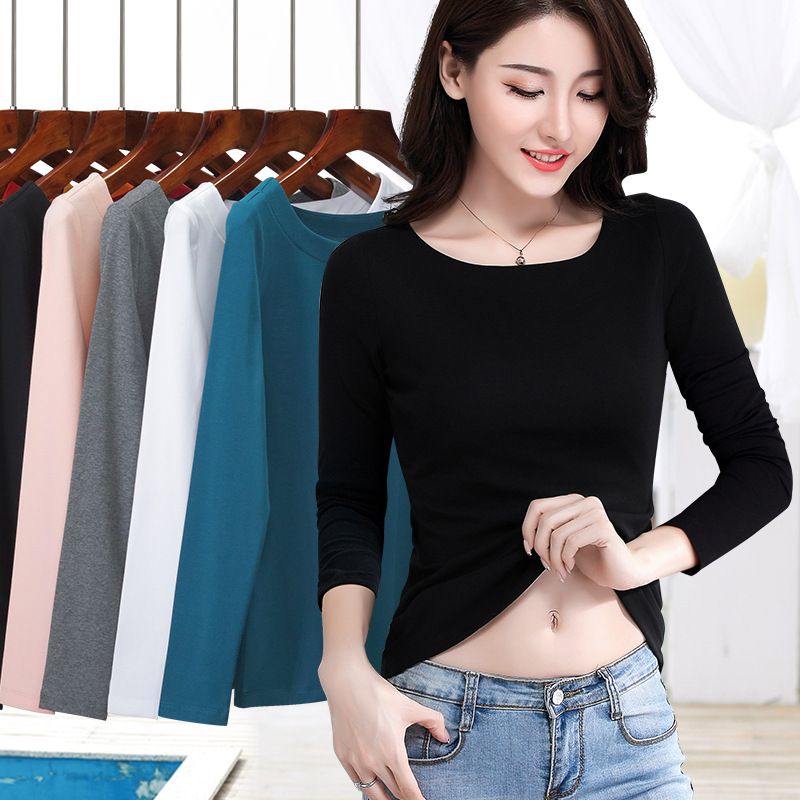 White T-shirt Women's Long-sleeved Solid Color Slim-fit Off-collar Base Shirt Women's White Spring New Top Women's Korean Style