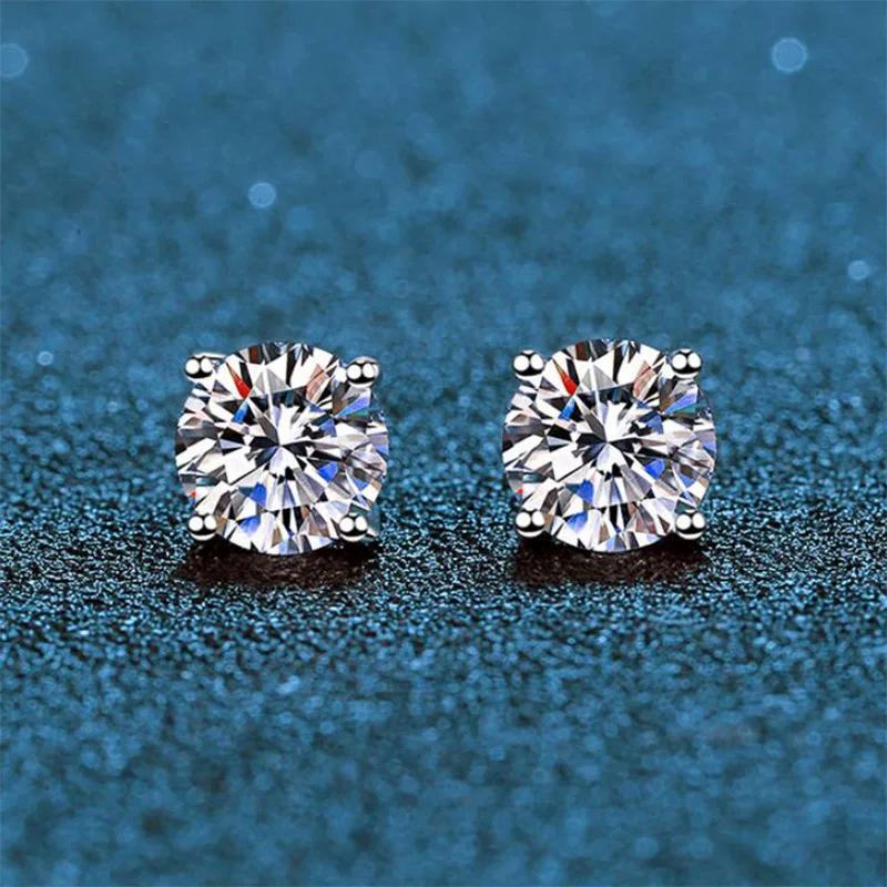 ICE BLING Super Flash D-Color Moissanite Single Diamond Solid Silver Earrings Classic 4-Claw Super Flash Men's and Women's Hip Hop Earrings