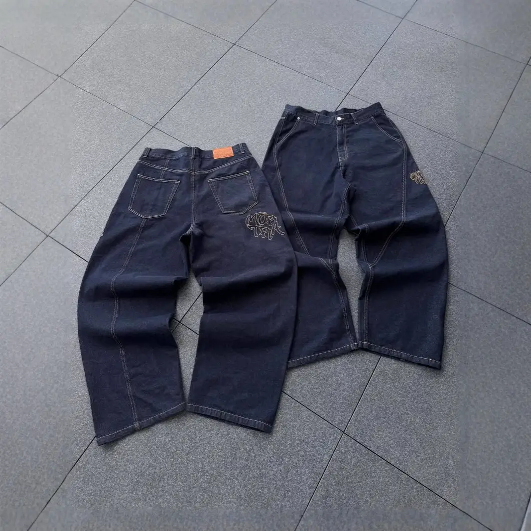 European and American Cross-Border Trendy Brand Mertra Embroidered Jeans for Men and Women, Street Hip-Hop Splicing Loose Straight Pants Trendy