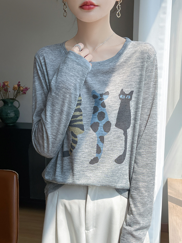 2026 Spring/Summer New Cat Cartoon Lyocell Knit Long Sleeve T-Shirt Thin Loose Pullover Base Shirt