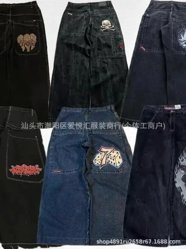nzk春秋季新款跨境美式潮牌复古水洗Y2K刺绣嘻哈图案男式牛仔裤