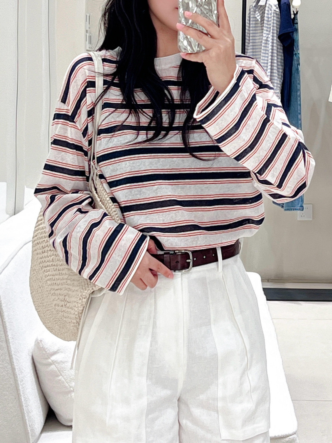 Ed26 New Summer Style Knitted T-Shirt with Drawstring Hem, Striped Cotton and Linen Round Neck Long-Sleeved Knitwear Ebf2Swt002