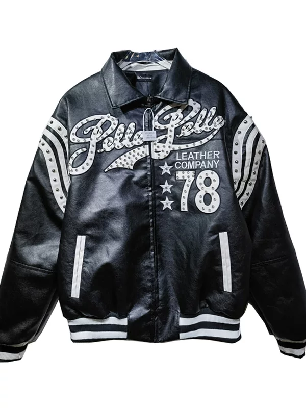American Retro Style Black Heavy Embroidery Diamond-Studded Baseball Jacket Unisex Motorcycle Leather Jacket Coat Top