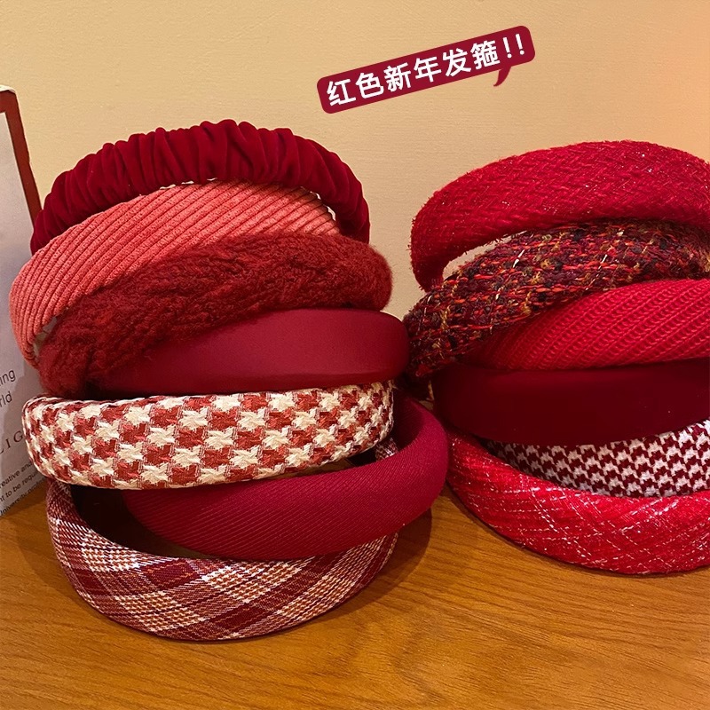 Retro High Cranial Top Headband Women's High-grade Red New Year's New Year's Day Hair Accessories Autumn and Winter Non-slip Hair Clamp Hair Bundle Headwear