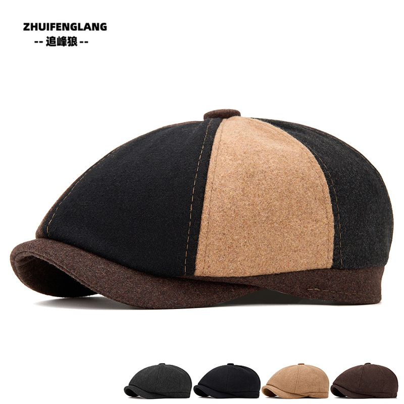 Color-Blocked American Retro Octagonal Hat for Men, Classic Woolen Beret for Women, British-Style Newsboy Cap for Autumn and Winter