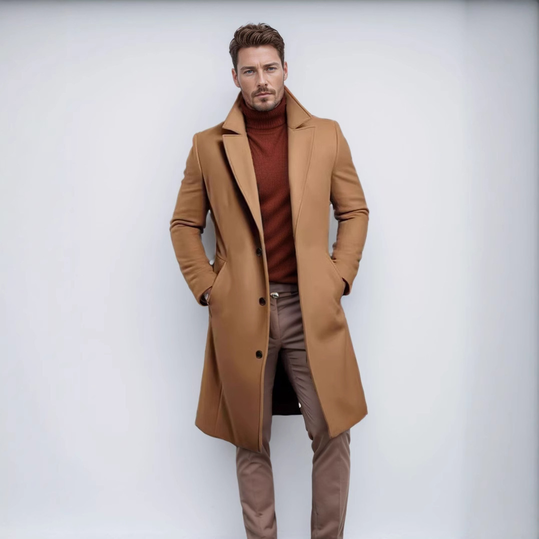 2025 New Foreign Trade Woolen Coat Men's Mid-length Solid Color Autumn and Winter Woolen Coat Warm Youth Coat