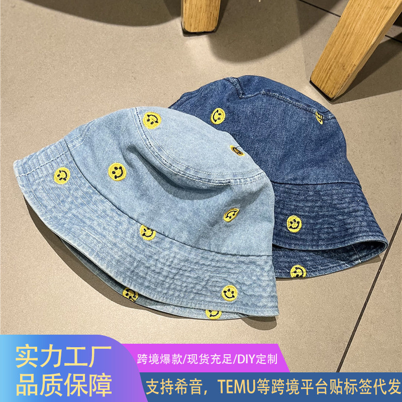 Smiley Face Embroidered Washed Denim Bucket Hat for Women, Spring and Autumn Korean Style Sun Hat, Japanese Style Face-Slimming Versatile Bucket Hat