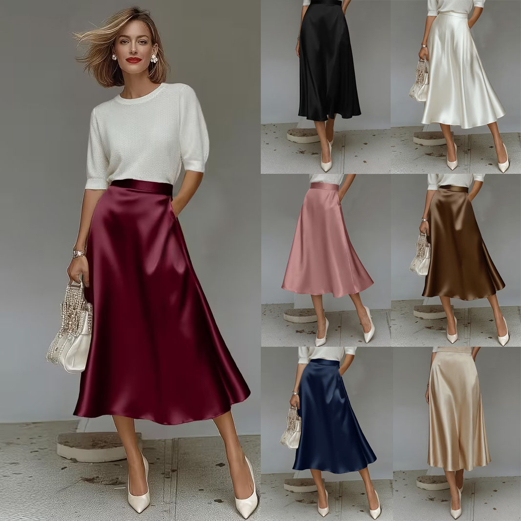 2026 European and American Cross-Border Women's A-Line Skirt Summer New Solid Color Satin Fashionable Elegant Workwear Skirt