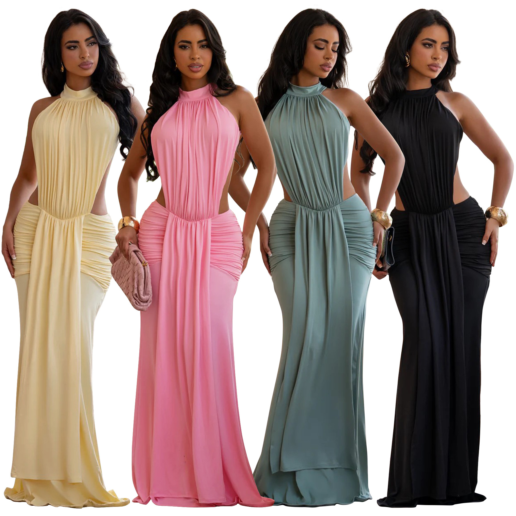 11028 Amazon European and American Foreign Trade Fashion Women's Clothing Supply New Backless Slim-Fit Dress Pleated Dress