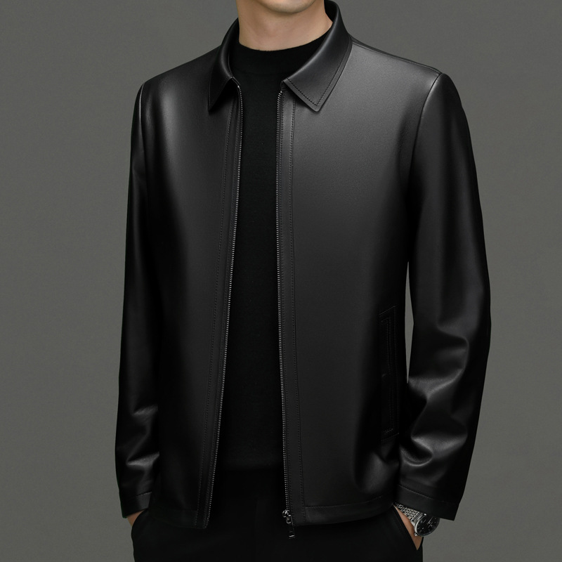 Haining Men's Genuine Leather Jacket New Style Sheepskin Fashion British Style Spring and Autumn Middle-Aged Lapel Jacket Men's Clothing