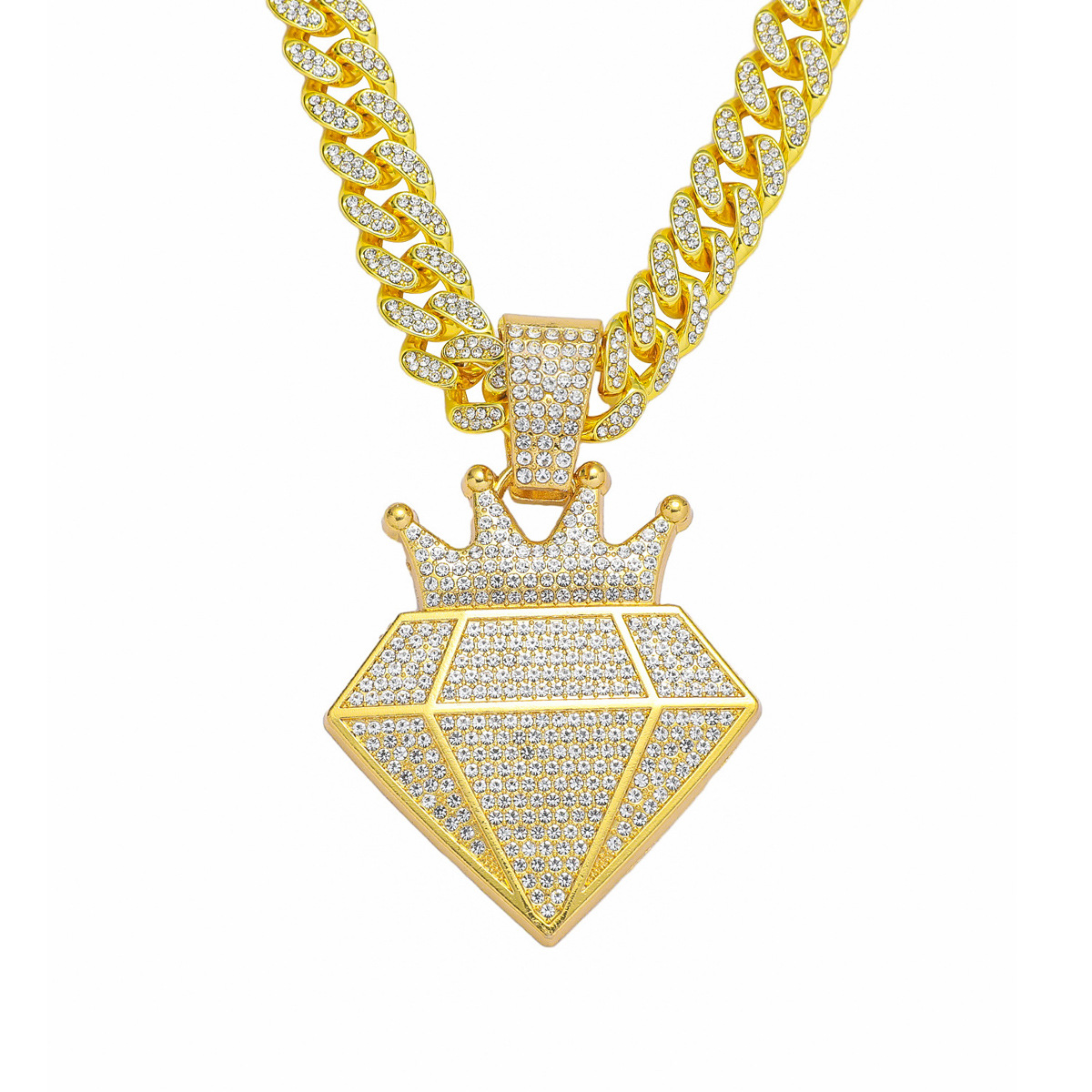 European and American Hip Hop Full Diamond Crown Diamond Hip Hop Pendant Necklace Cross Border Hiphop Crown Alloy Rhinestone Cuban Chain