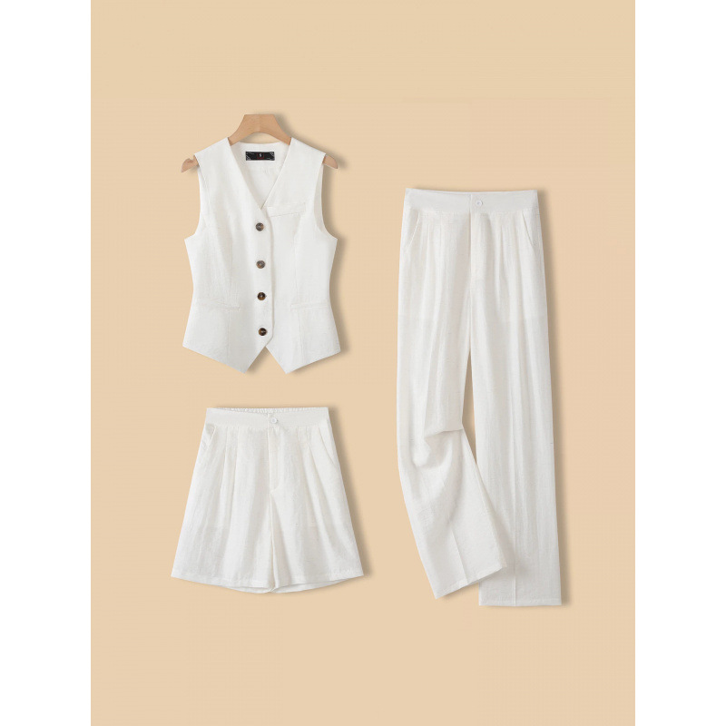 High-End and Elegant Cotton and Linen Suit Vest Two-Piece Set for Women, Summer Commuting Vest Top, Casual Wide-Leg Pants Set