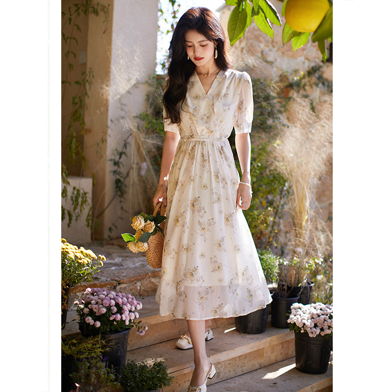 Floral Dress for Women 2026 Summer New Style Waist-Cinching Slimming Elegant Tea Break French Style Petite Fairy Long Dress