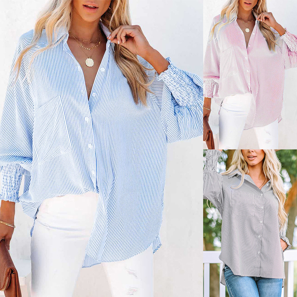Spot 2024 Summer New Amazon European and American Fashion Striped Inch Shirt Casual Top Daily Hot Style Long Sleeves