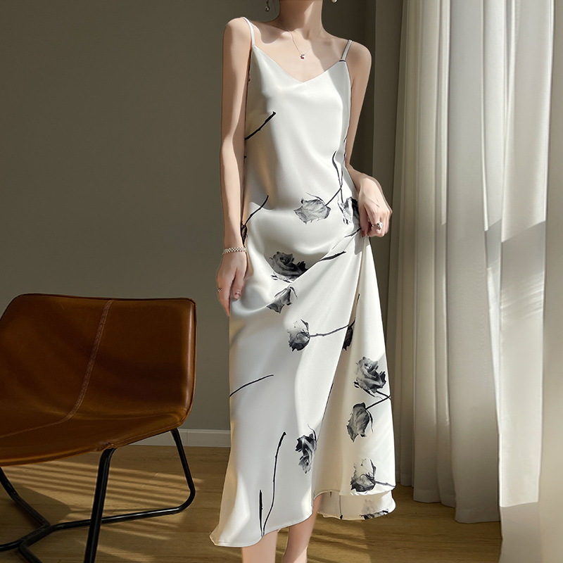French satin dress women's V-neck mulberry silk suspender skirt acetate hot summer bottoming printed nightdress long skirt