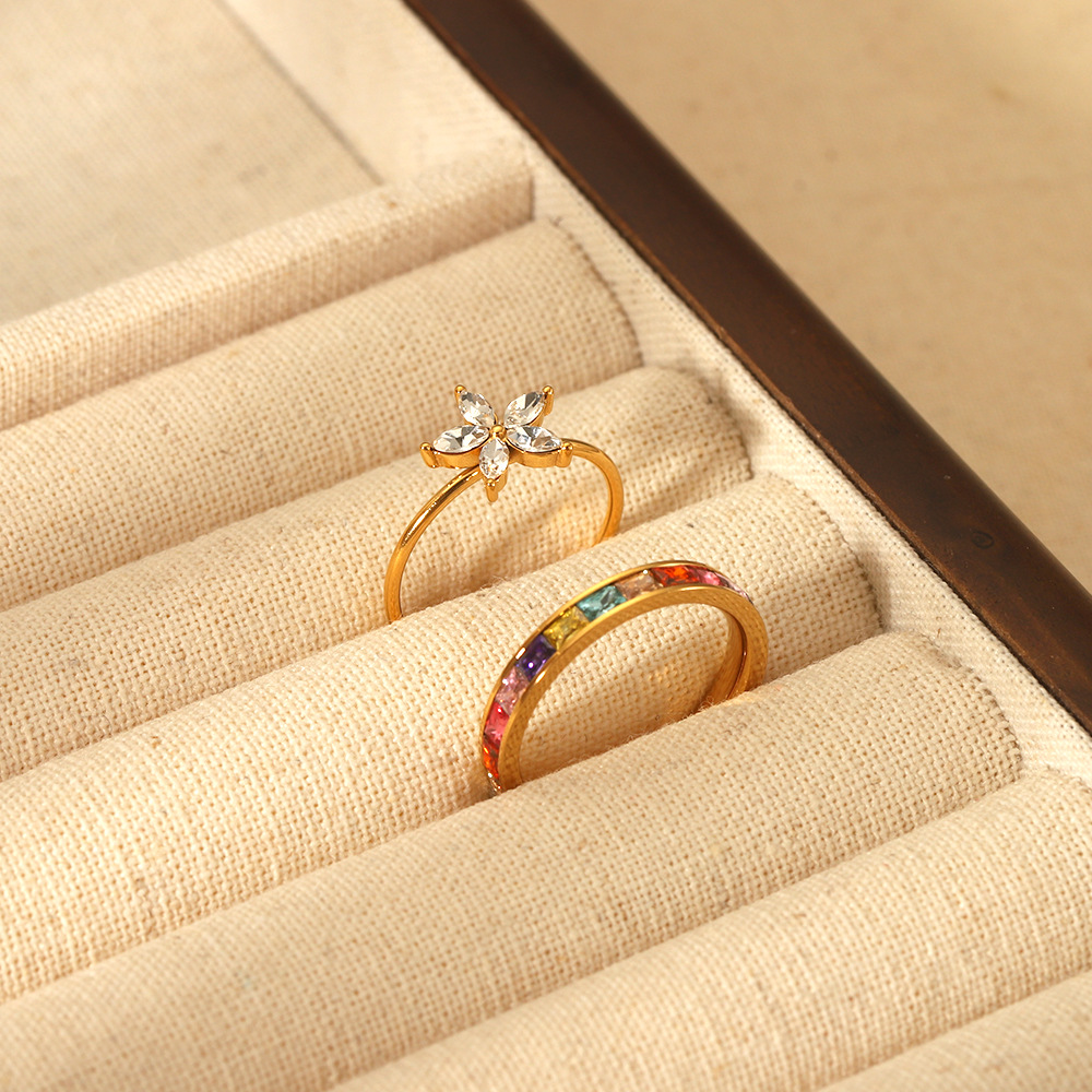 European and American Popular Light Luxury Exquisite Rainbow Ring Gold-plated Stainless Steel Inlaid Zircon Flower Ring for Women