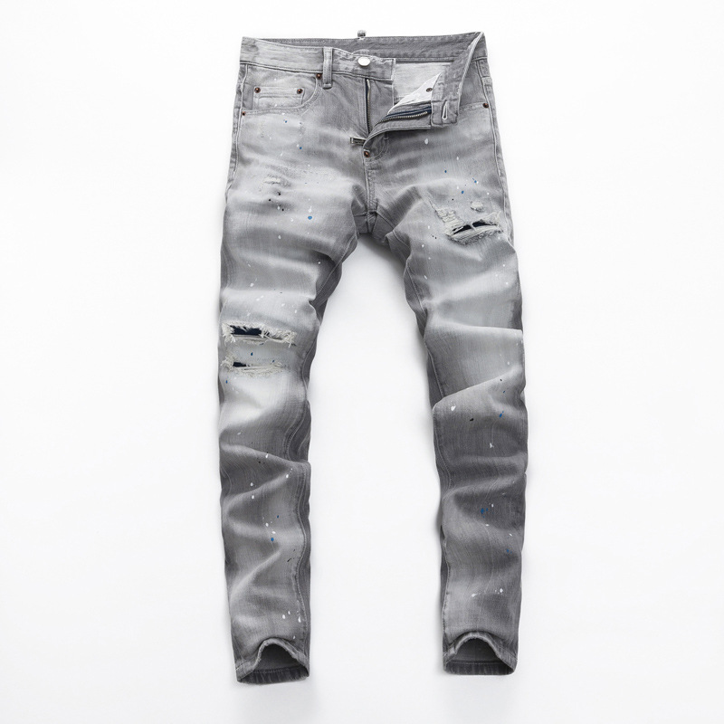 European and American High Street Fashion Men's Jeans Old Grey Washed Ripped Patch Paint Trendy Brand Slim-fit Skinny Pants