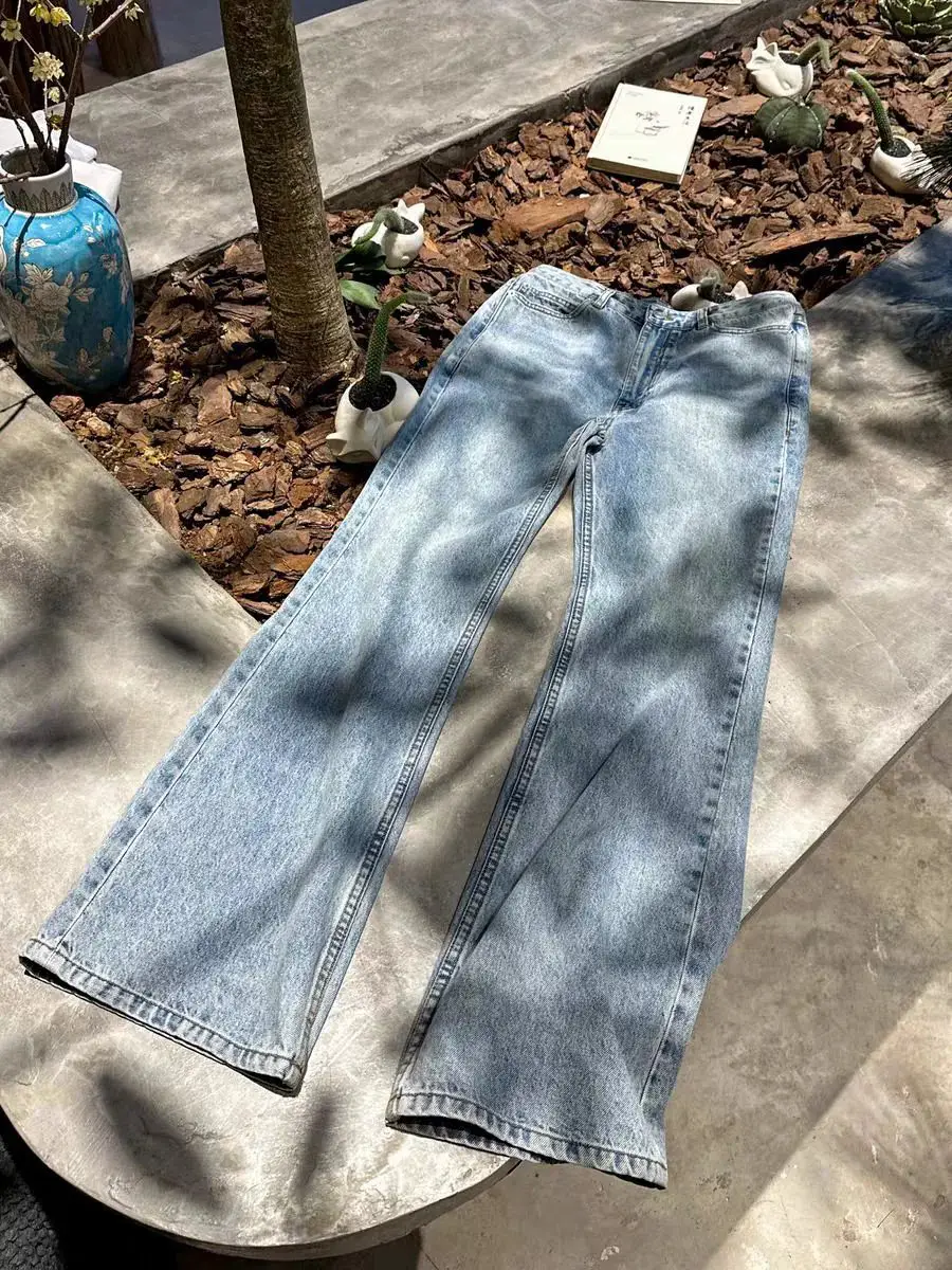24SS新款巴黎Bootcut冰蓝黑灰自然水洗落色微喇长裤牛仔裤