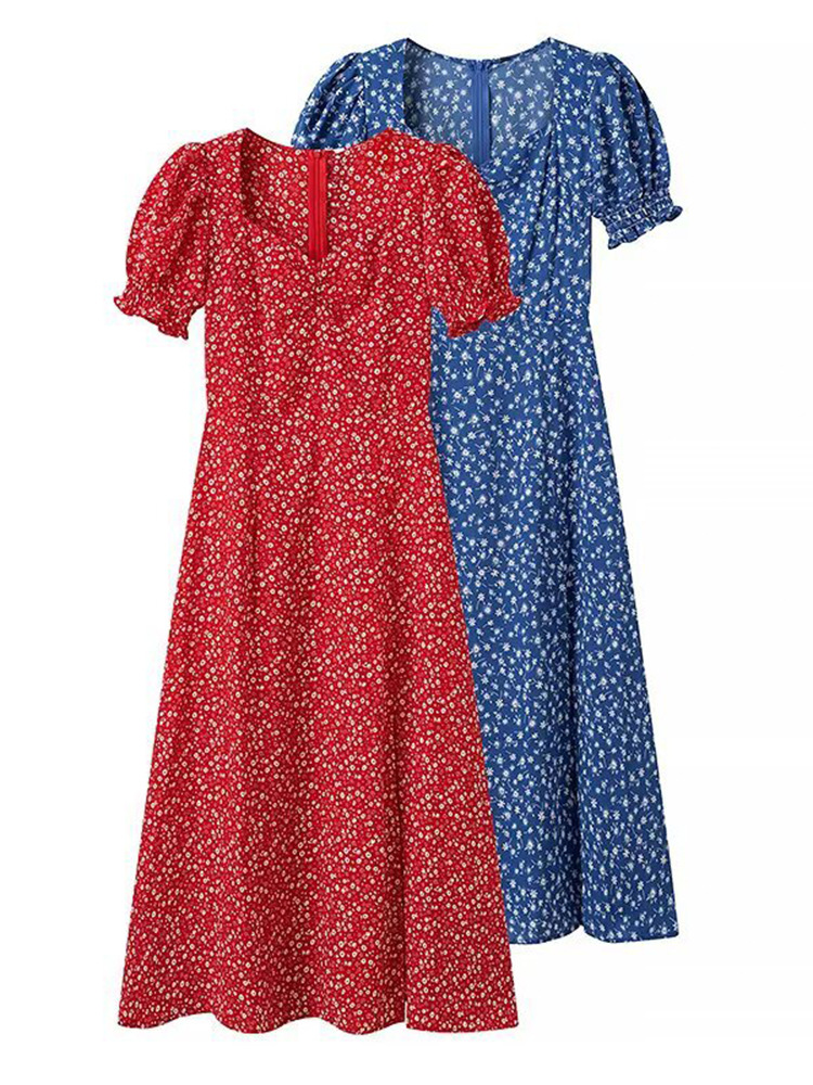 2025 Spring and Summer New Women's Fashion Elegant Floral Puff Sleeve Waist Side Slit Mid-Length Dress
