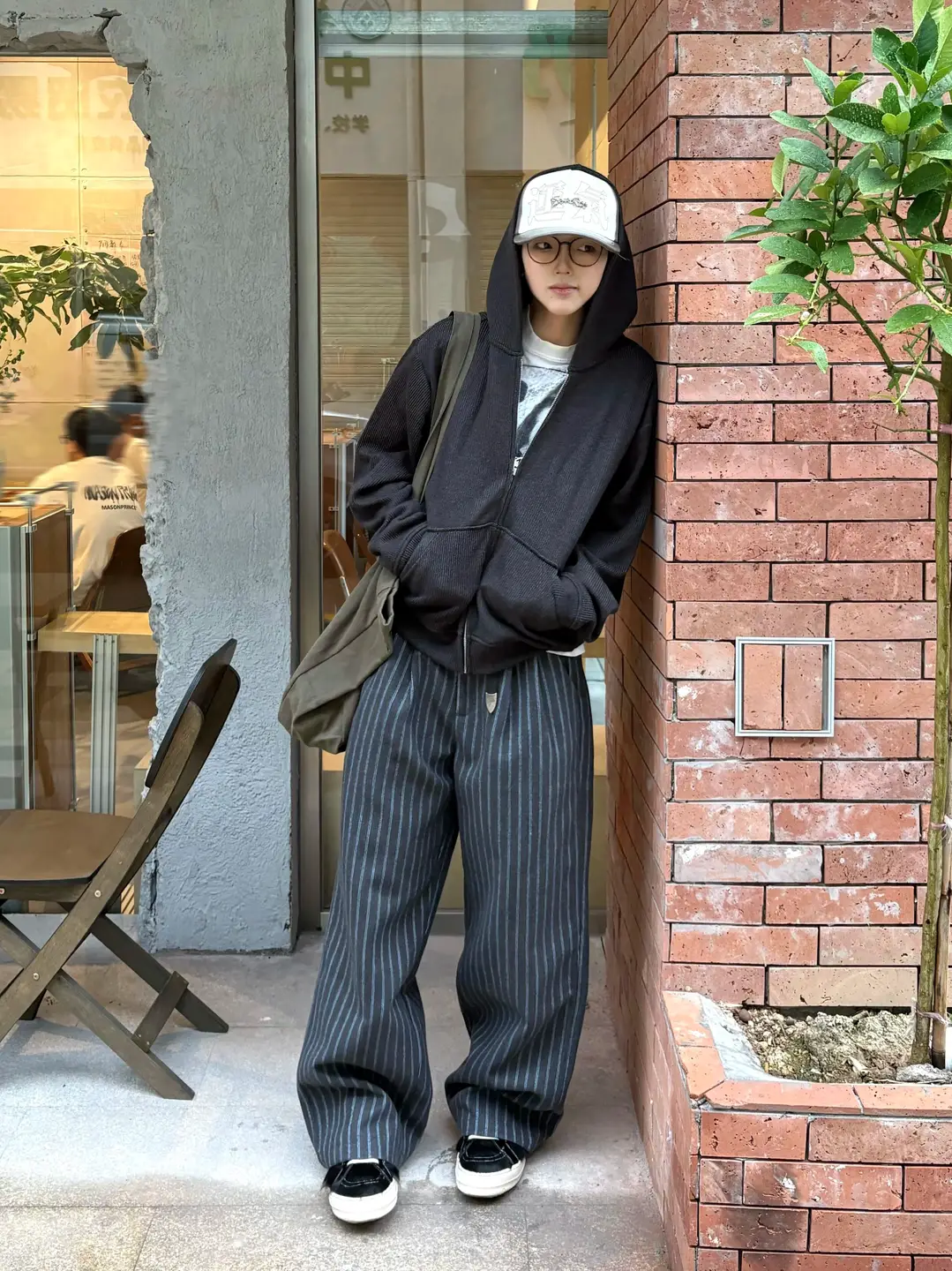 CENSMADE commuting and leisure three-dimensional cut wide leg A-line wool blend patchwork pocket, collision nail striped trousers