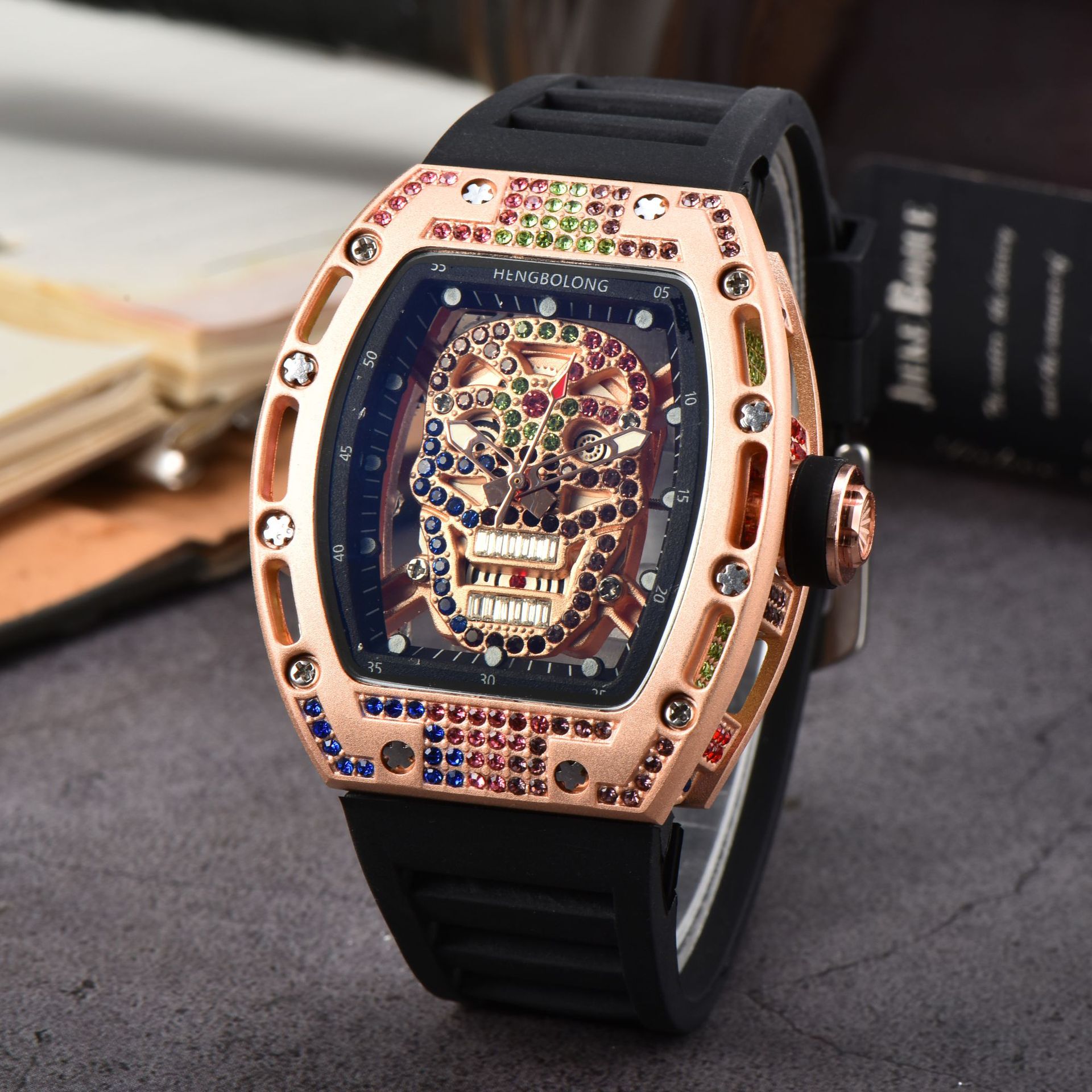 Hengbolong new colored diamond skull quartz watch in stock wholesale fashion business diamond silicone watch men wholesale