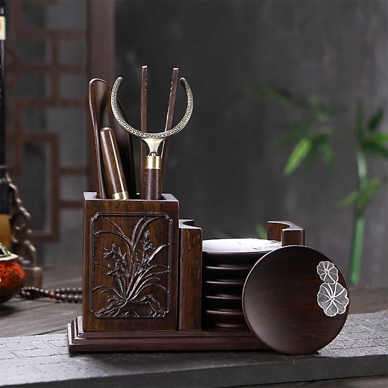 Ebony Six Gentleman Set Ebony Pear Solid Wood Household Tea Clip Cup Holder Tea Tray Accessories Tea Spoon Cup Fork High-end