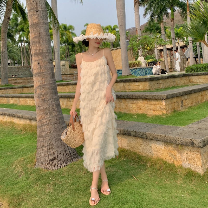Bohemian Strap Dress Women's Summer Loose Tassel French Style Seaside Holiday Beach Fairy Long Skirt Shirt