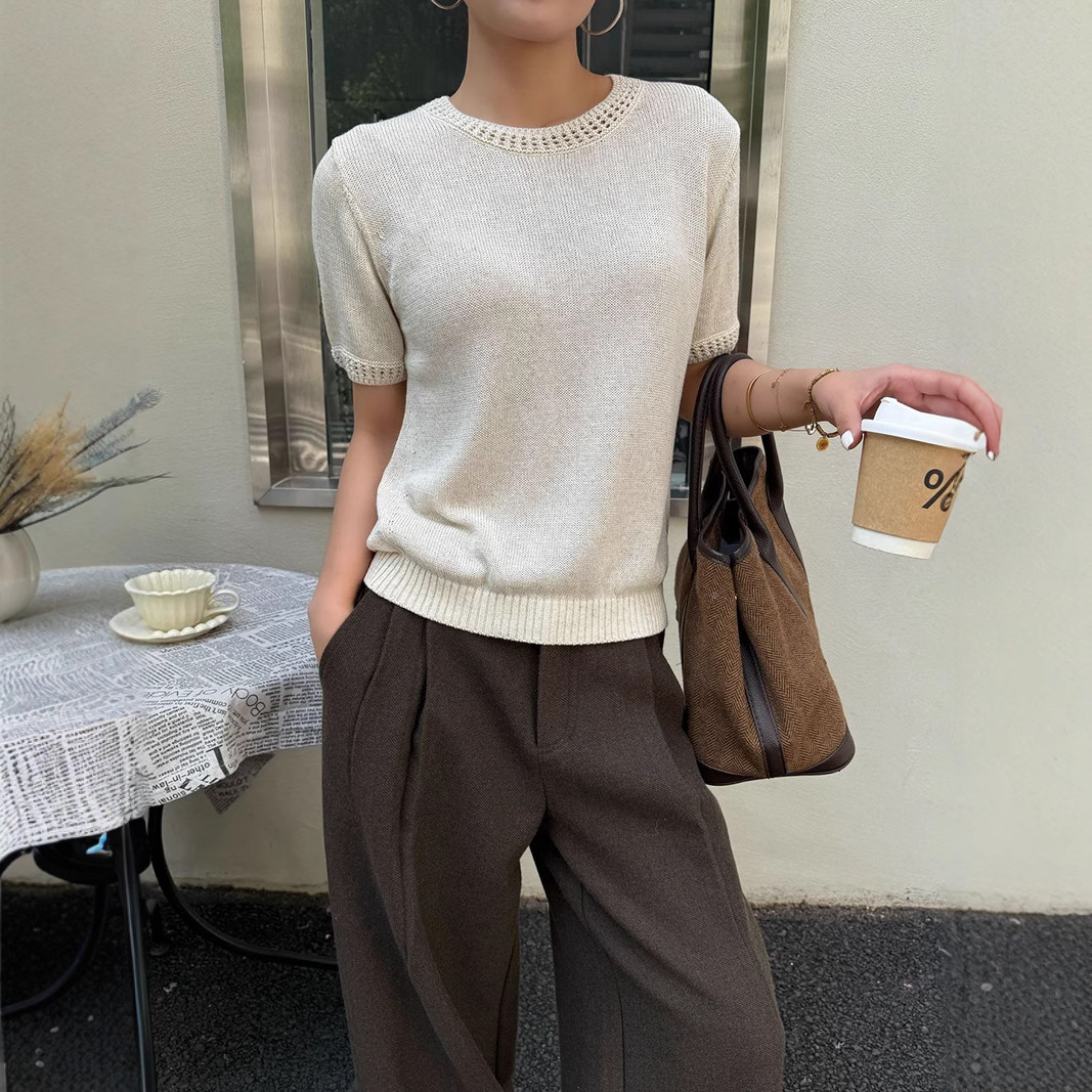2026 Summer New Style Slimming Versatile Cotton-Linen Casual Loose Short-Sleeve Round-Neck Heavy-Duty Hollow-Out Linen Top
