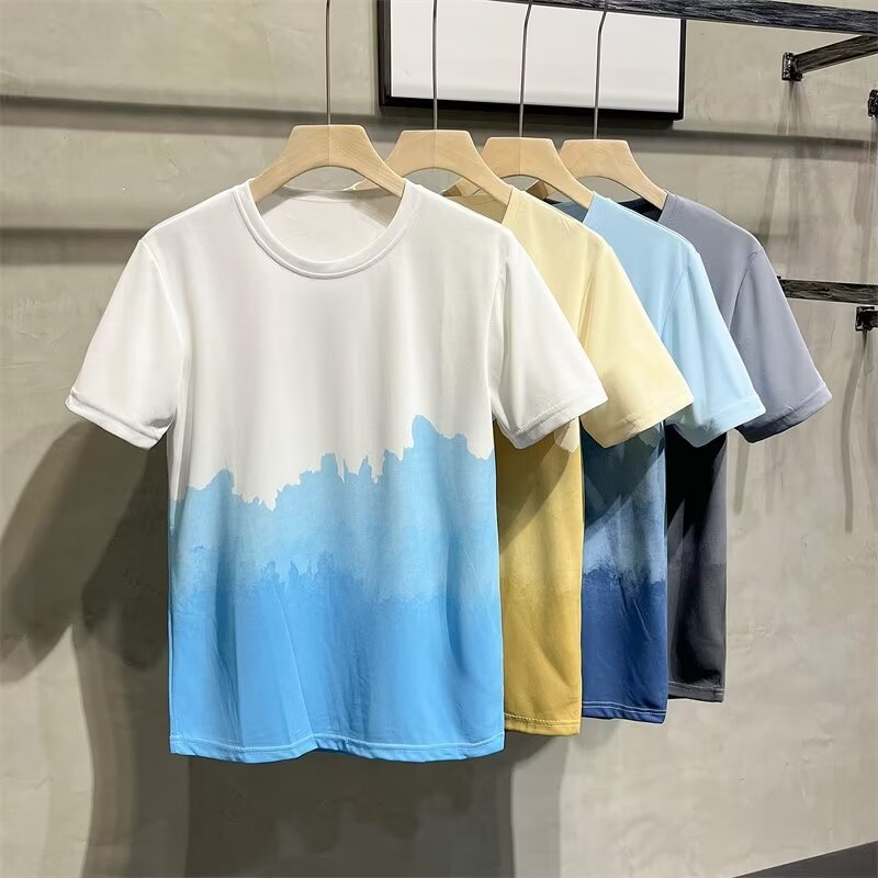Short-sleeved T-shirt Men's 2024 Summer Thin Half-sleeved Sports Fitness Casual Gradient Printed T-shirt Top Clothes