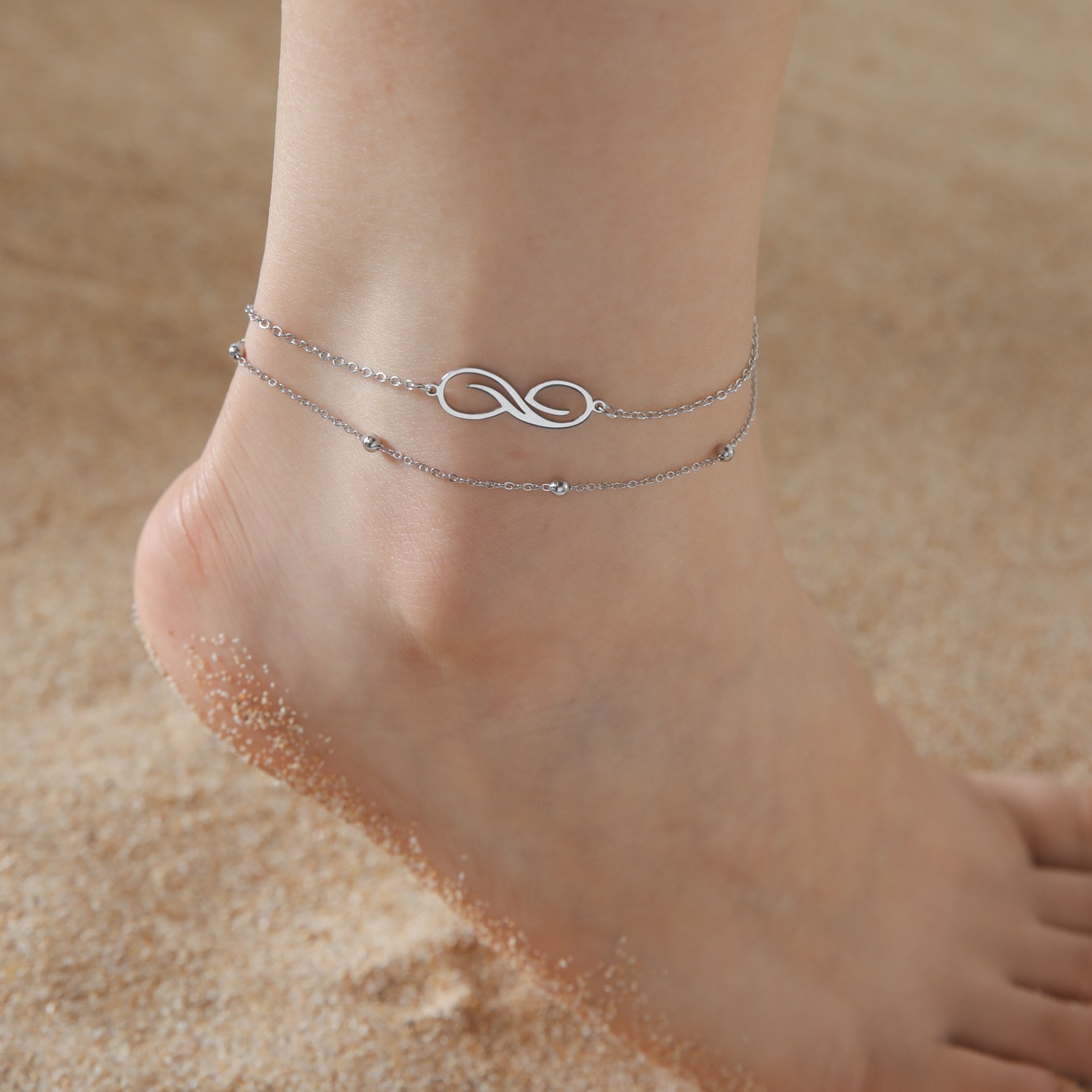 Factory Direct Grid enjoy factory infinite shape pendant 304 material bead chain double stacked stainless steel anklet