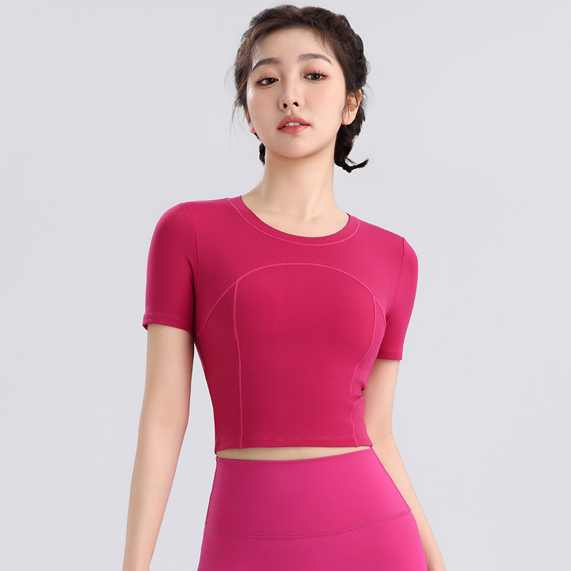 Women's short-sleeved sports T-shirt with chest pad summer yoga clothes slim fit slimming running shockproof integrated Cup fitness top