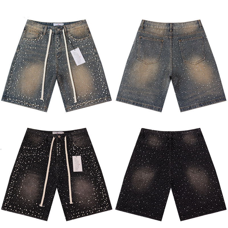 Cross-Border Trendy Brand Va&Le Rhinestone Beaded Elastic Washed Denim Shorts Unisex High Street Straight Casual Knee-Length Shorts