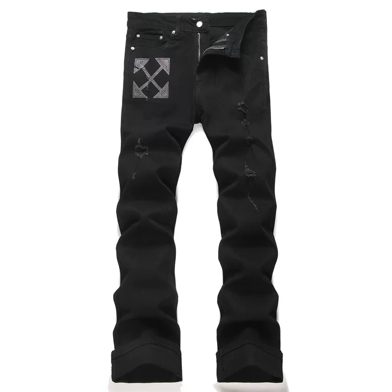 American high-end foreign trade black diamond print slim fit elastic youth micro flared men's slim fit small leg jeans