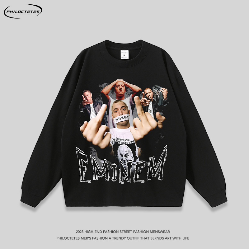 American retro trendy hip hop hiphop street long-sleeved T-shirt men and women loose washed old rap base tee