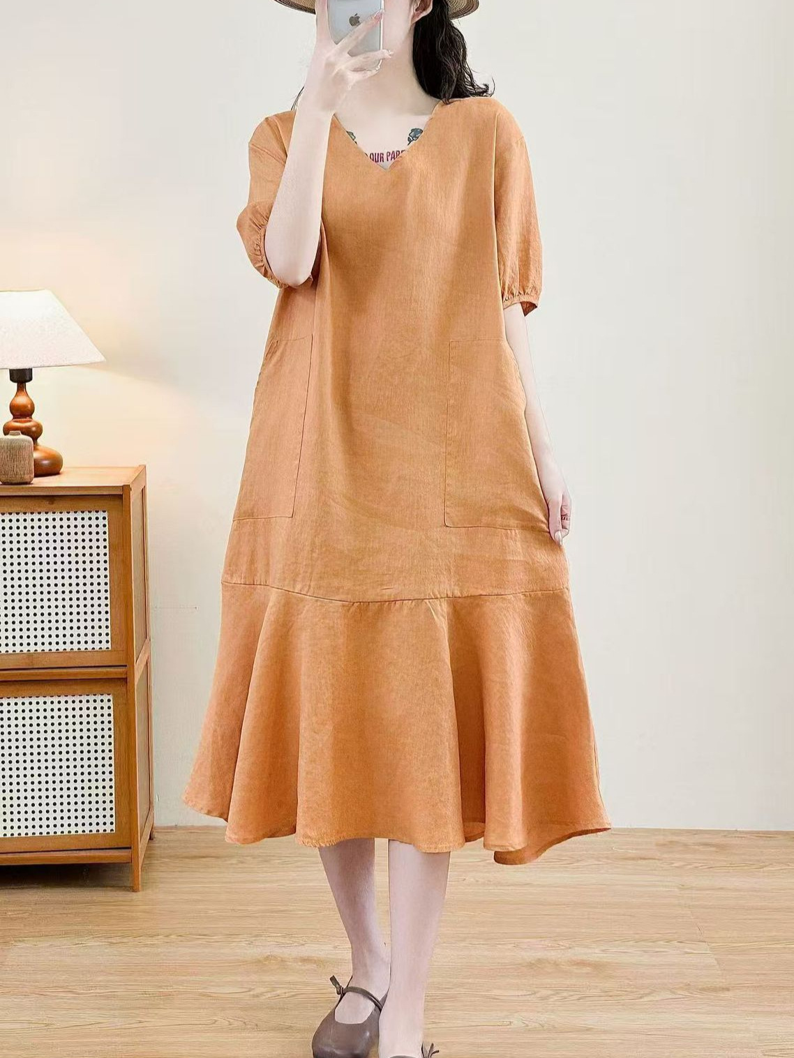 26 Summer Dress Short-Sleeved Women's Mid-Length V-Neck Dress Mid-Length Pure Linen Dress Loose Dress