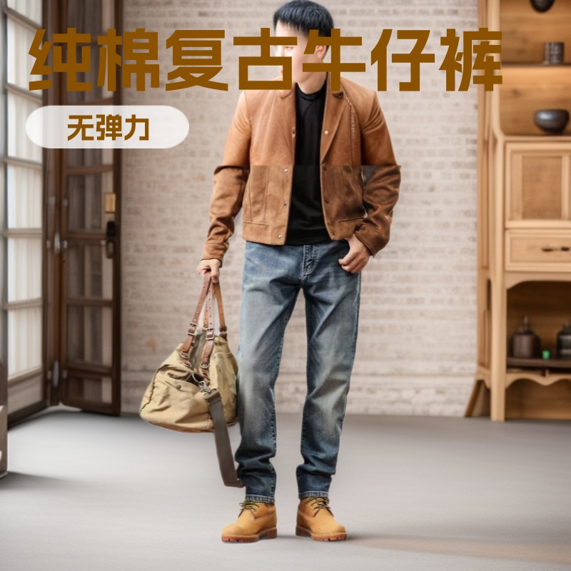 Men's Pure Cotton Loose Straight American Retro Amekaji Washed Denim Jeans