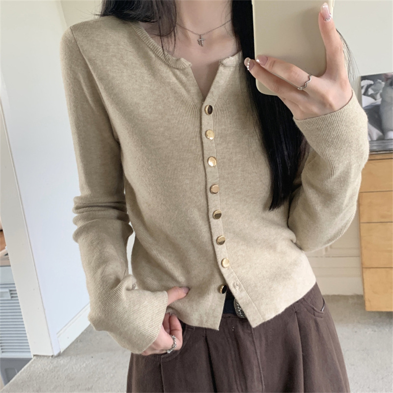 Vintage Chic V-neck Knitted Cardigan 2024 Autumn and Winter Autumn and Winter Temperament Base Top Women's Women's Threaded Outer Long Sleeve