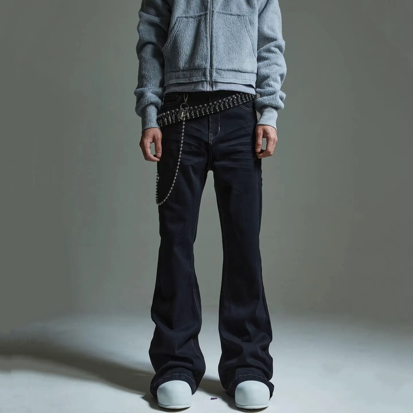 Retro Dark American High Street Washed Stretchy Flared Jeans Floor-Length Pants Slimming Bootcut Long Pants for Men